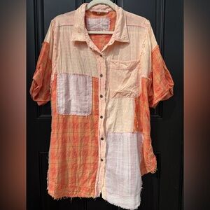 Patchwork Short-Sleeve Button-Up Shirt in Peach & Orange Oversized Tunic